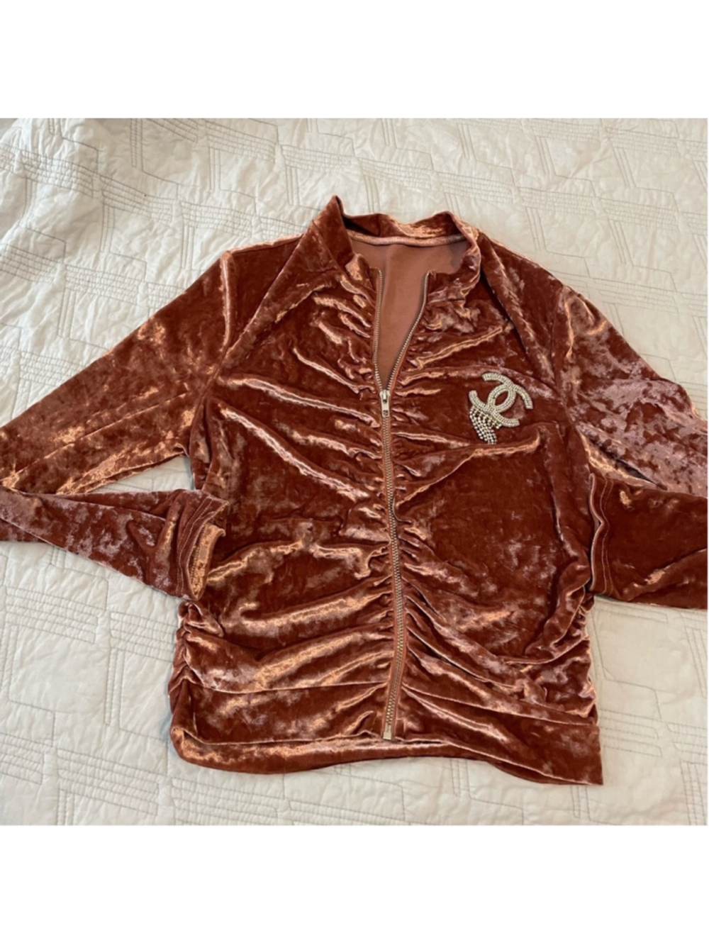 Velvet Zip-Front Jacket with Crystal CC Logo - unbranded